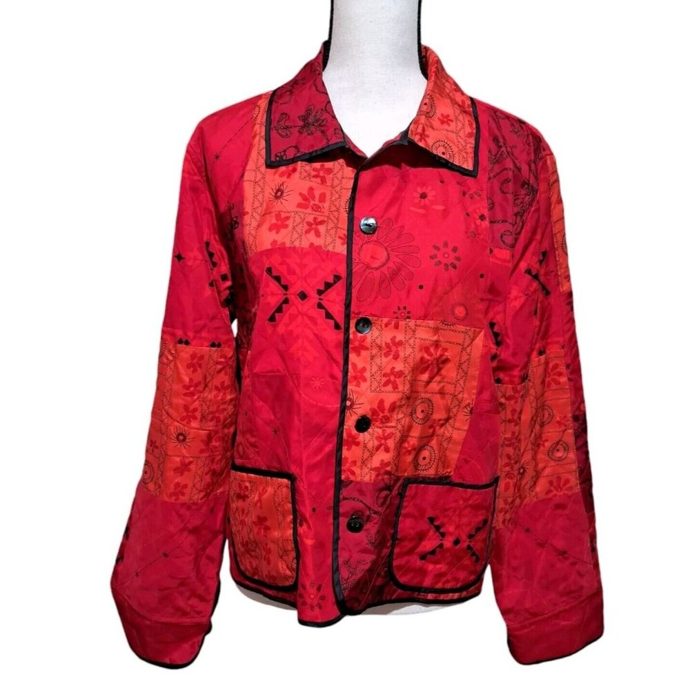 Chicos Design 100% Silk Red Black Asian Print Jacket Blazer 4 Button Front SZ 2